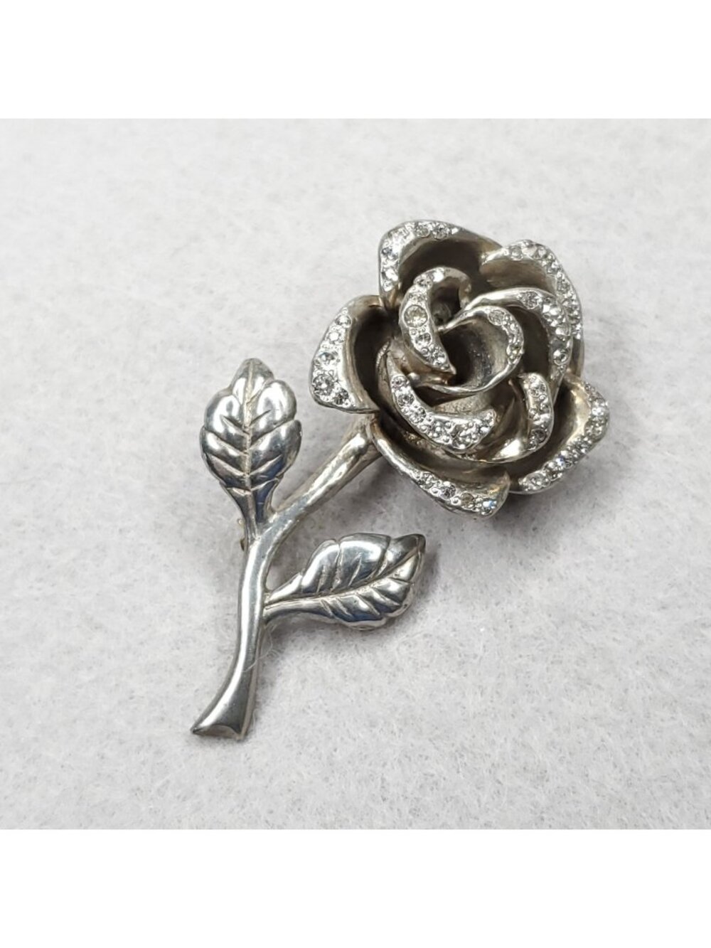 Vintage Pot Metal Rose Brooch Rhinestone Silver Tone 2.25" Signed R